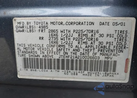 2001 Toyota Highlander V6 z USA, uszkodzony, nr VIN JTEHF21A210026603